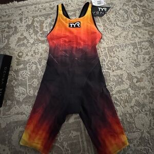 TYR Venzo influx Techsuit in Red/Black/Orange.